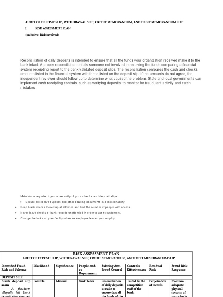 I. Risk Assessment Plan (Inclusive: Risk Involved) | PDF | Banks ...