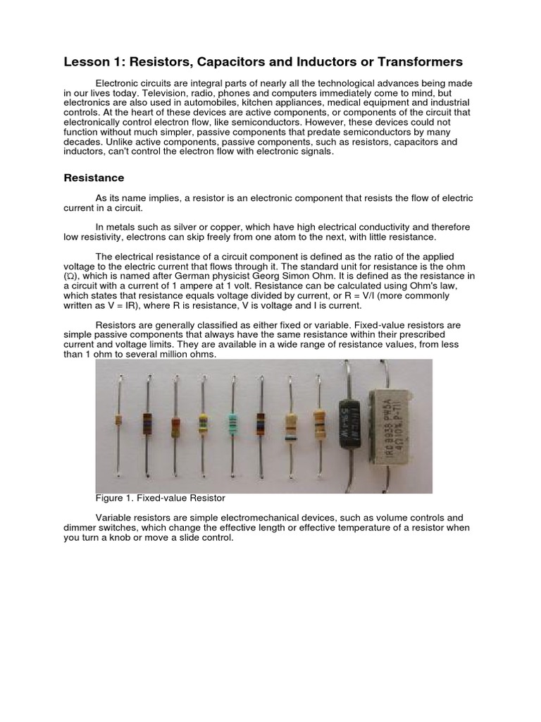 Resistors, Capacitance, Inductors PDF Capacitor Transformer