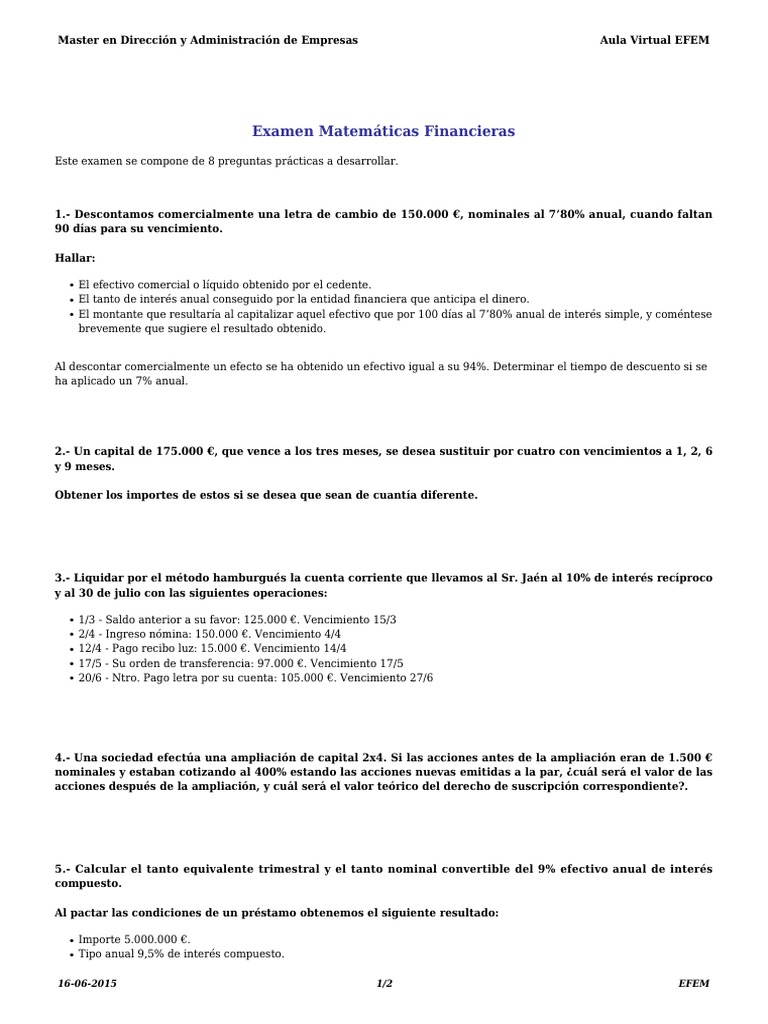 Examen de Matemáticas Financieras EFEM | PDF | Interés | Compartir ...