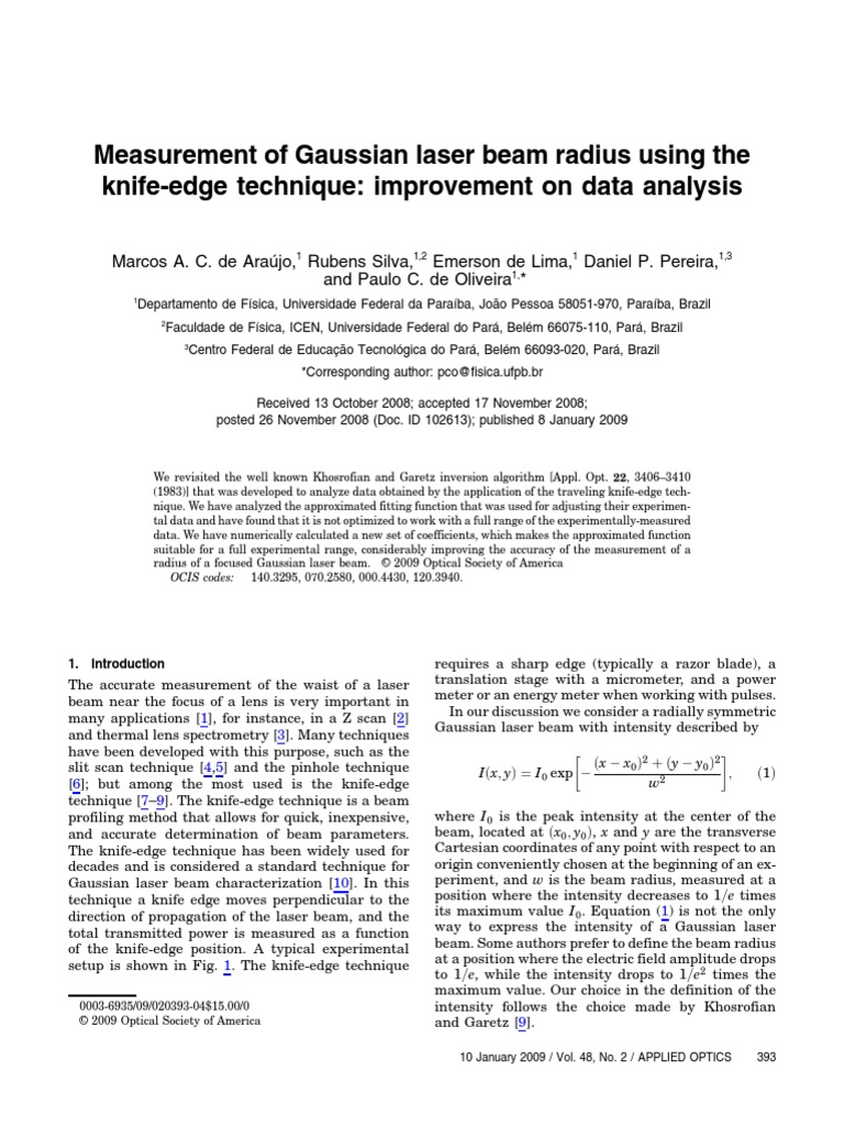 Spot Size of Laser by Knife Edge Method PDF Electrodynamics Atomic