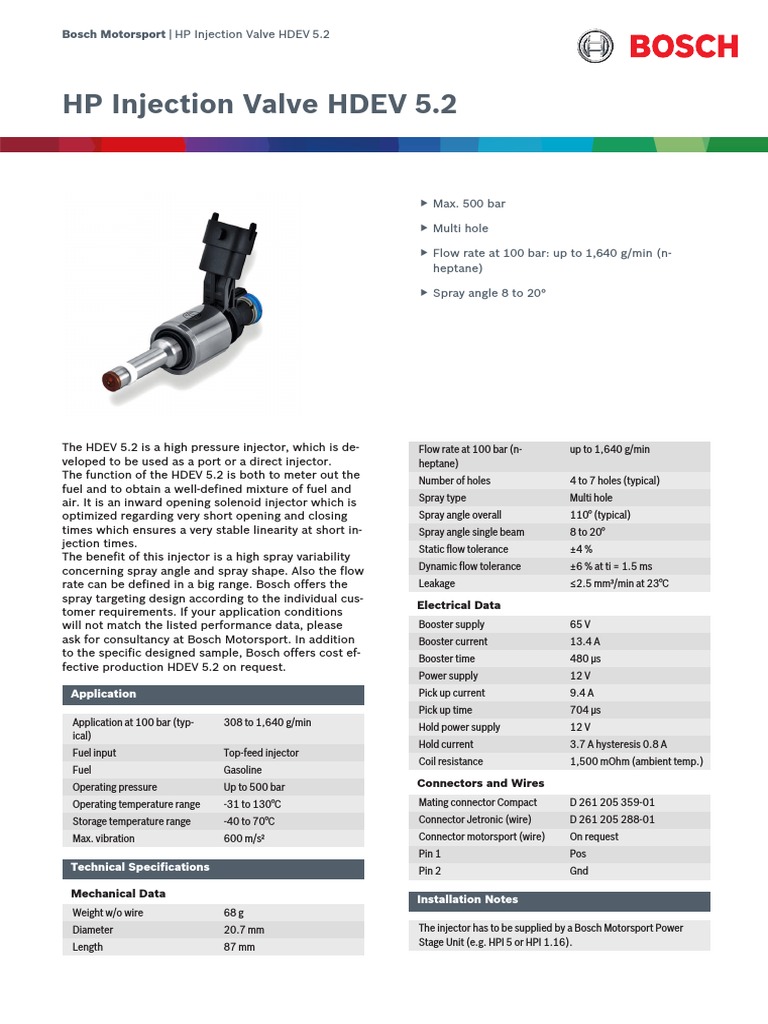 Bosch Motorsport - HP Injection Valve HDEV 5.2 | PDF | Fuel Injection ...