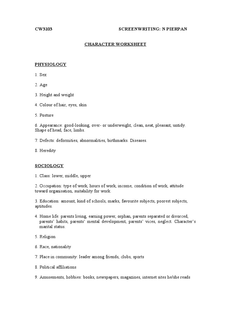 CW3103 Screenwriting: N Pierpan Character Worksheet | PDF | Wellness
