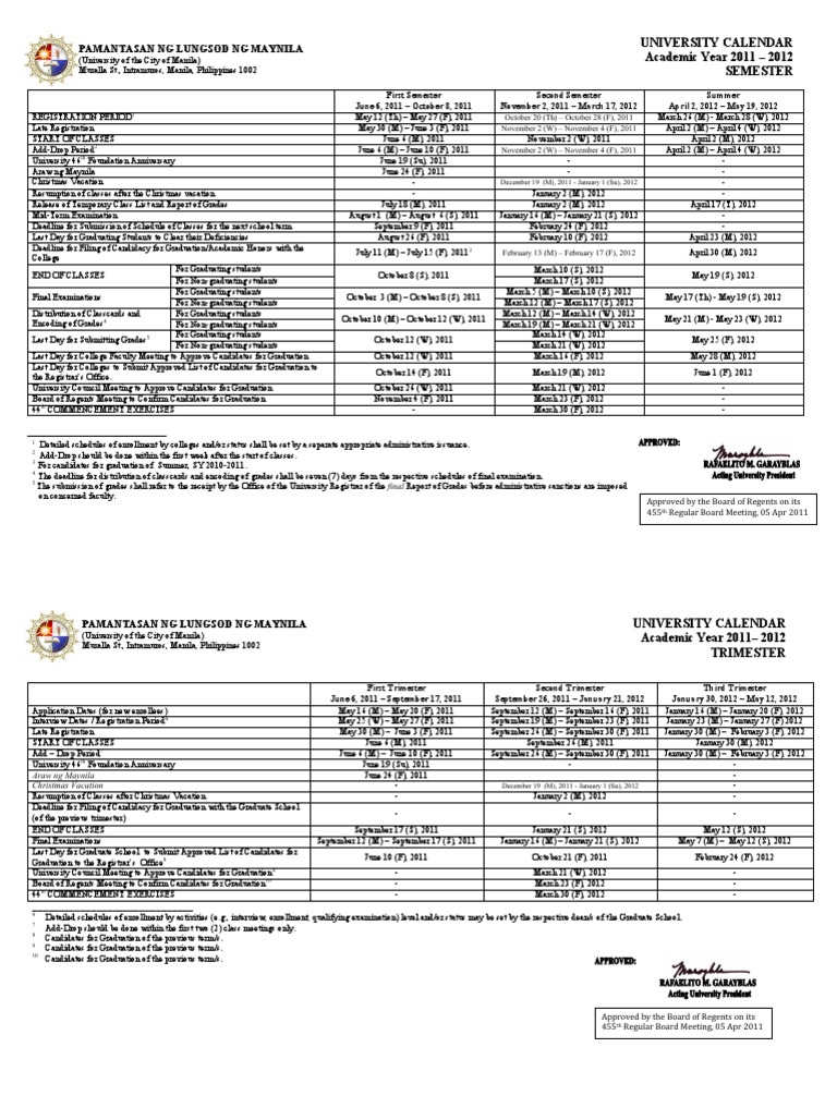 PLM University Calendar SY 201120121 Academic Term Educational