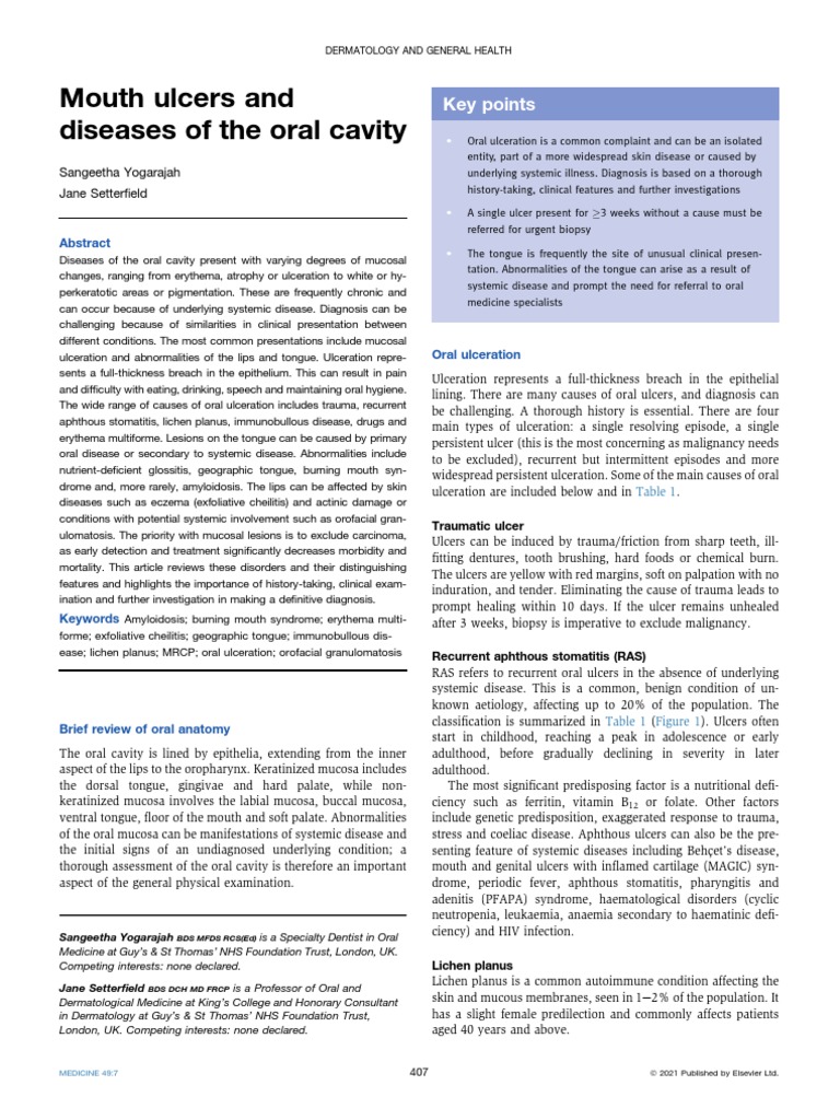 Mouth Ulcers and Diseases of The Oral Cavity: Key Points | PDF ...