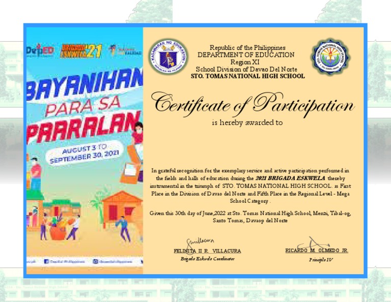 Certificate for Brigada Eskwela PDF