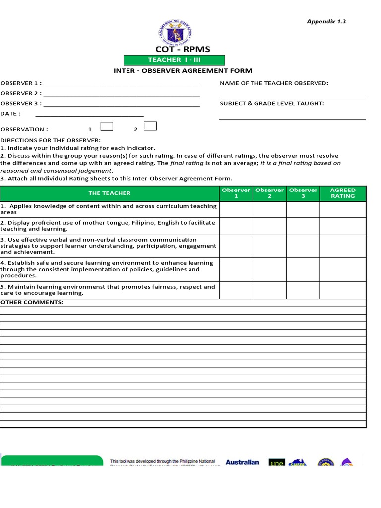 Inter-Observer Agreement Form for the Evaluation of Teacher Performance ...