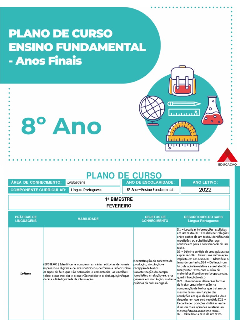 8º Ano Plano de Curso 2022 LP | PDF | Publicidade | Linguística