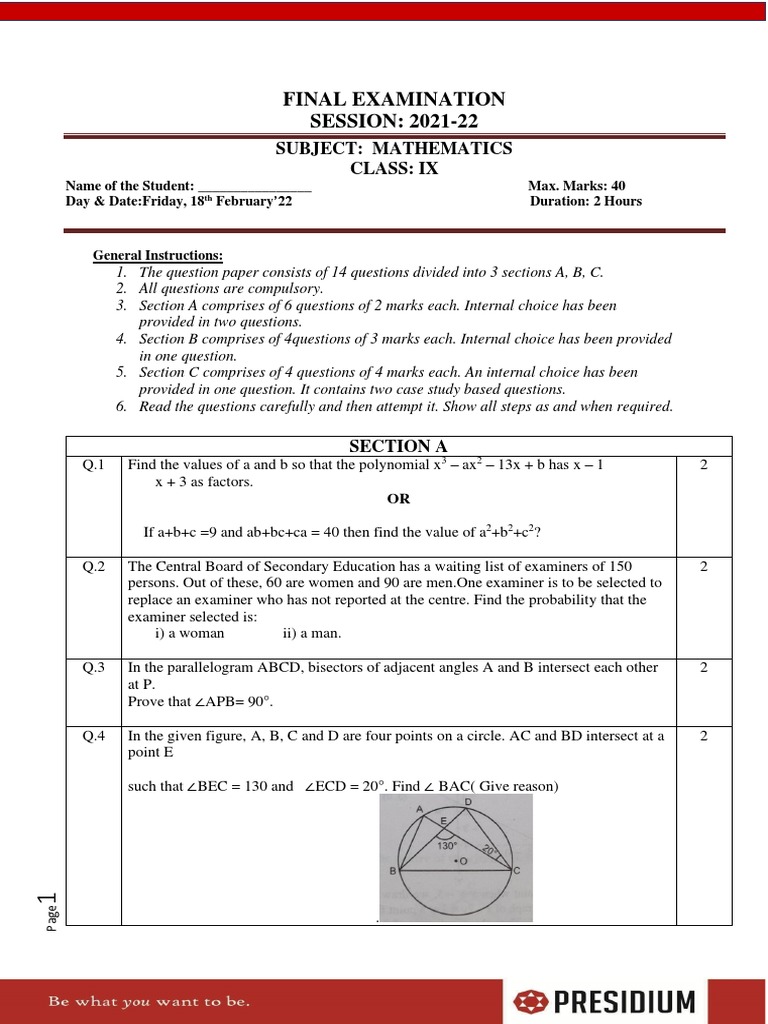 Maths Final Exam Grade 9 2021-22-1 | PDF | Area | Elementary Geometry
