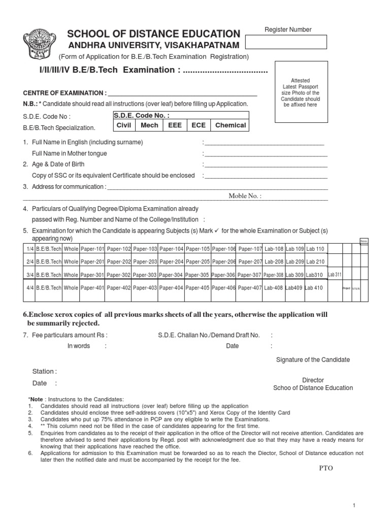B.E/B.Tech Exam Registration Form | PDF | Mechanical Engineering ...