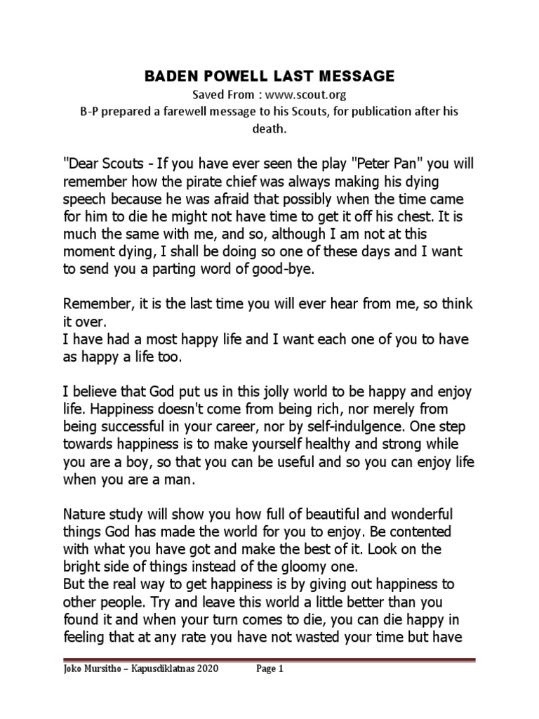 Baden Powell's Final Scout Message | PDF | Youth Organizations | Youth ...