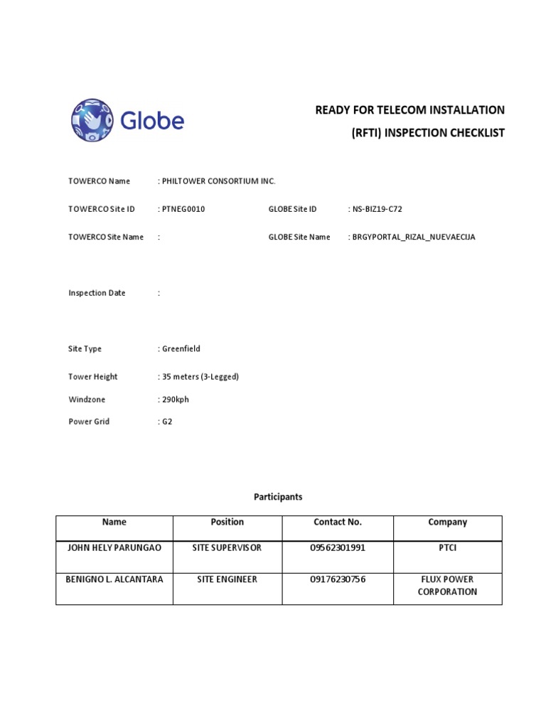 RFTI Inspection Checklist for Telecom Setup | PDF | Electrical ...