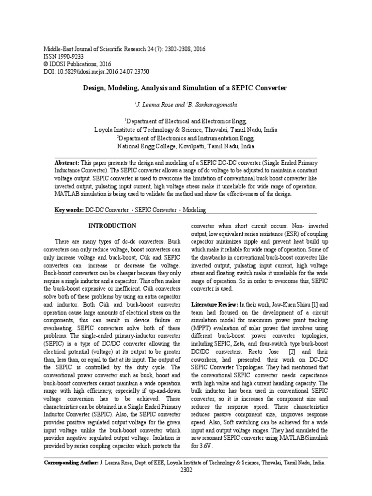 Design, Modeling, Analysis and Simulation of A SEPIC Converter | PDF ...