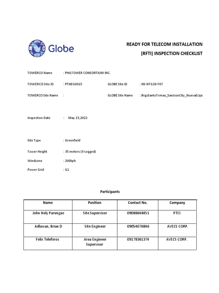 RFTI Inspection Checklist for Telecom | PDF | Force | Manufactured Goods