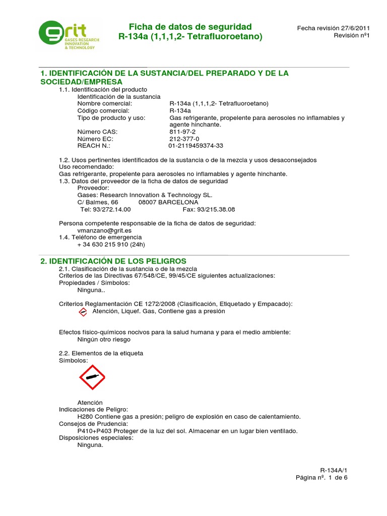 SDS - R134a | PDF | Agua | Sodio