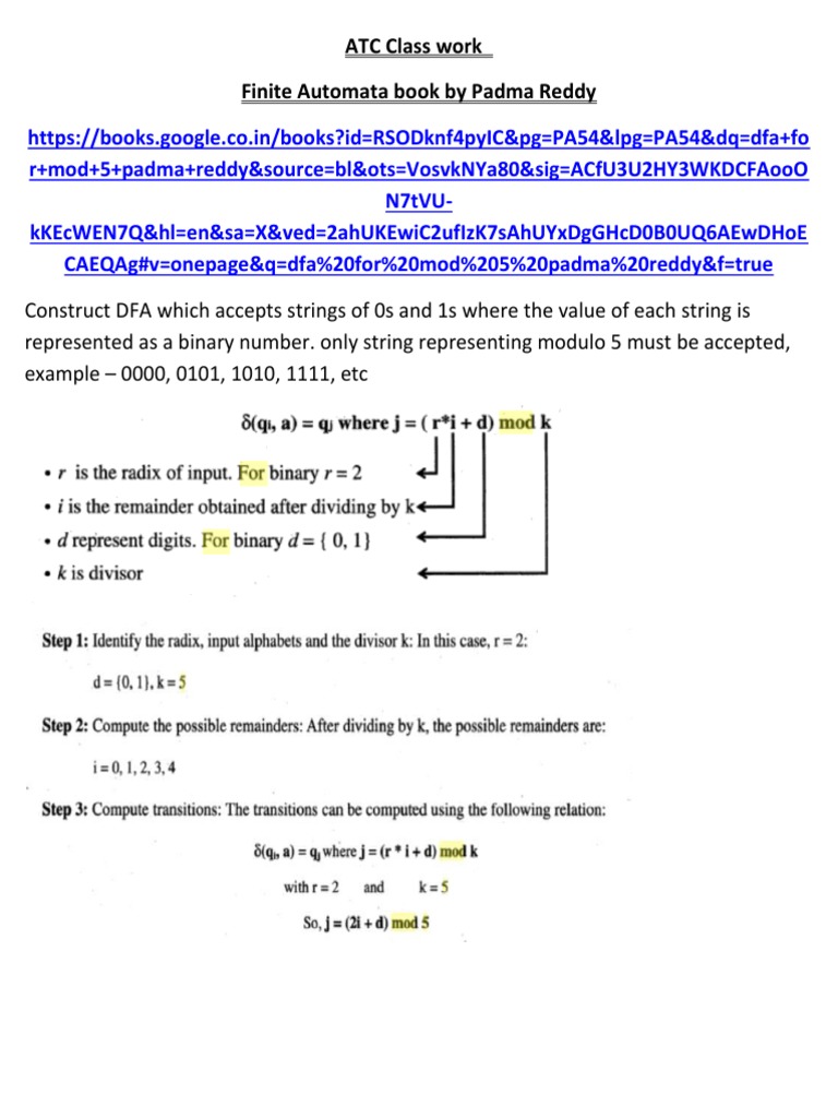 ATC Class Work Finite Automata Book by Padma Reddy | PDF | Algorithms ...