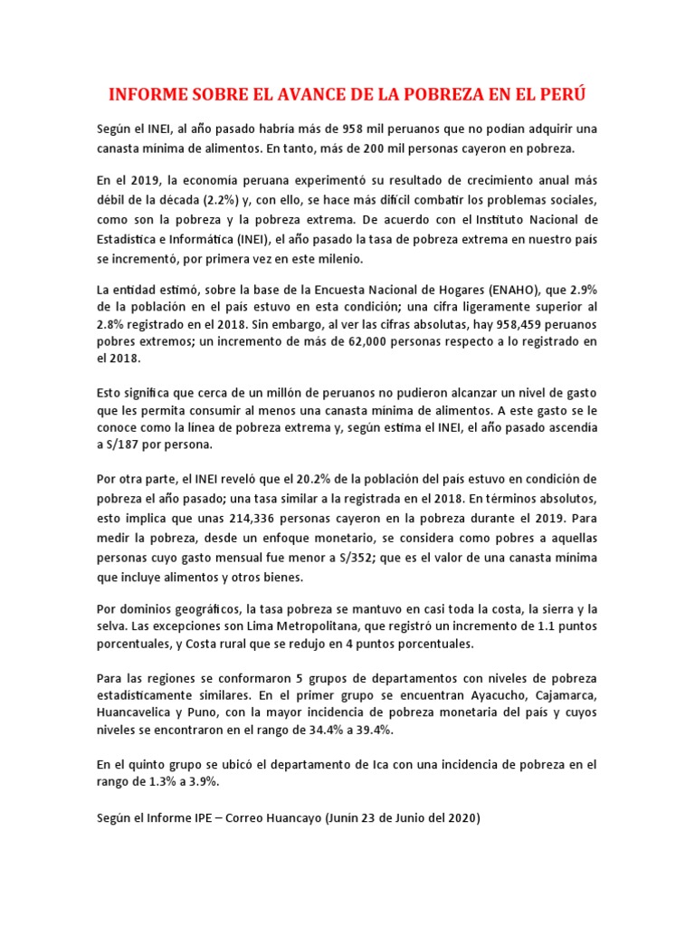 La Pobreza en El Perú-Tarea | PDF | Pobreza | Pobreza e indigencia