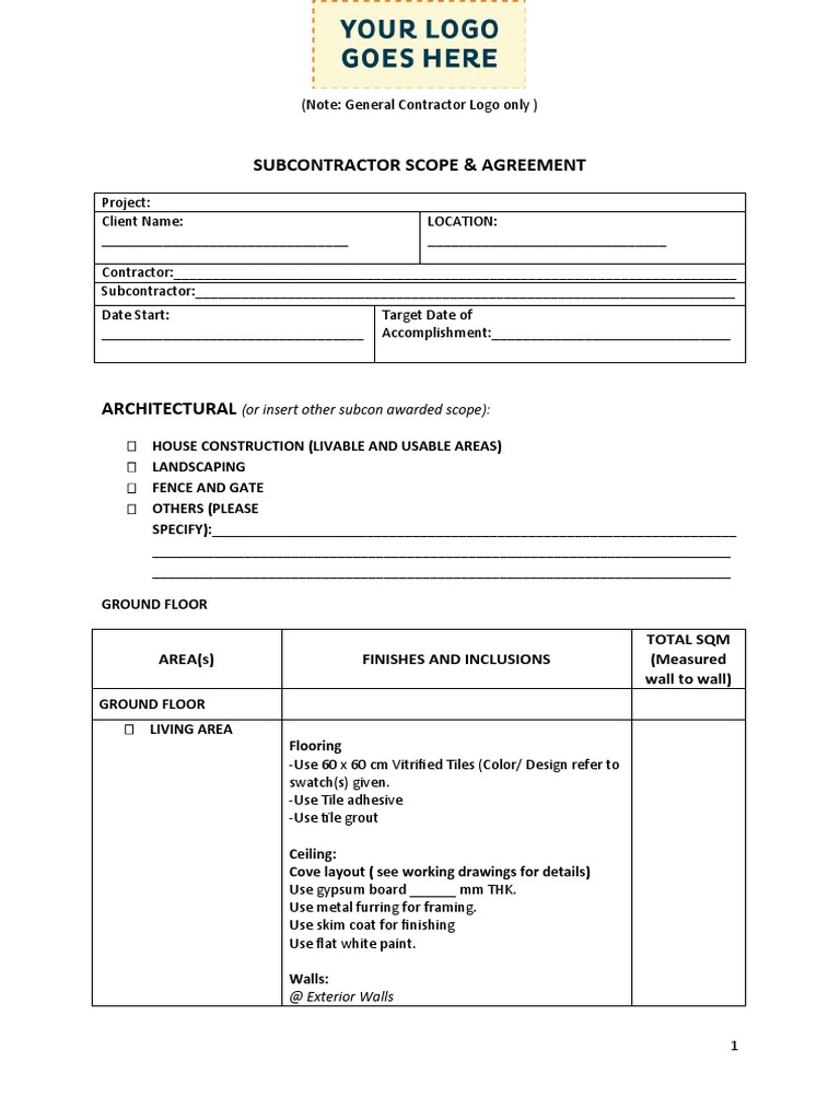 Subcontractor Scope & Agreement | PDF | Drywall | Tile