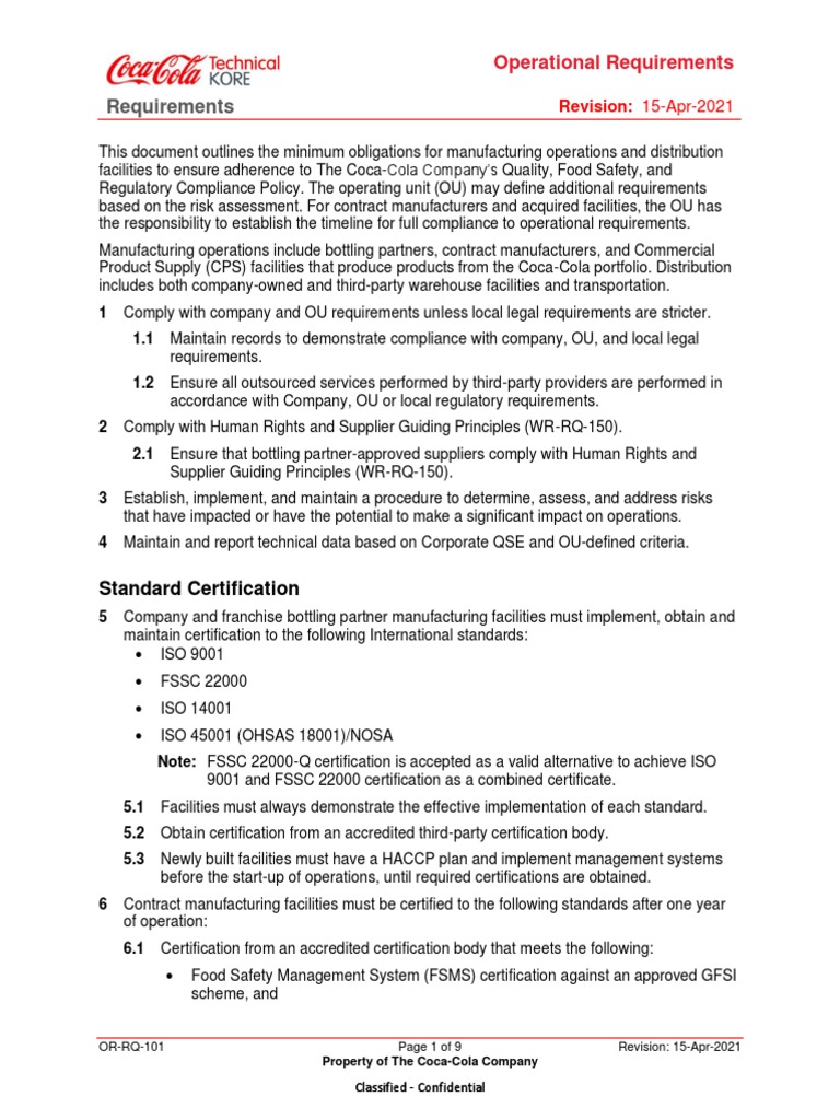 Coca-Cola's Operational Requirements for Manufacturing and Distribution ...