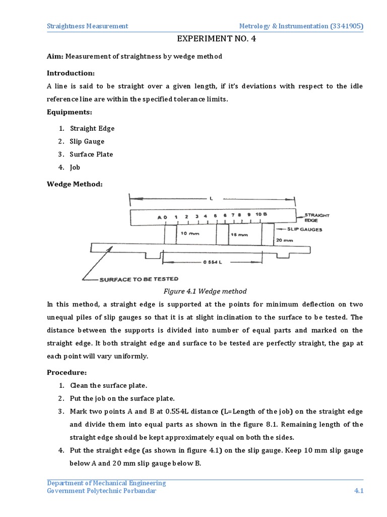 Experiment No. 4 Aim Measurement of Straightness by Wedge Method