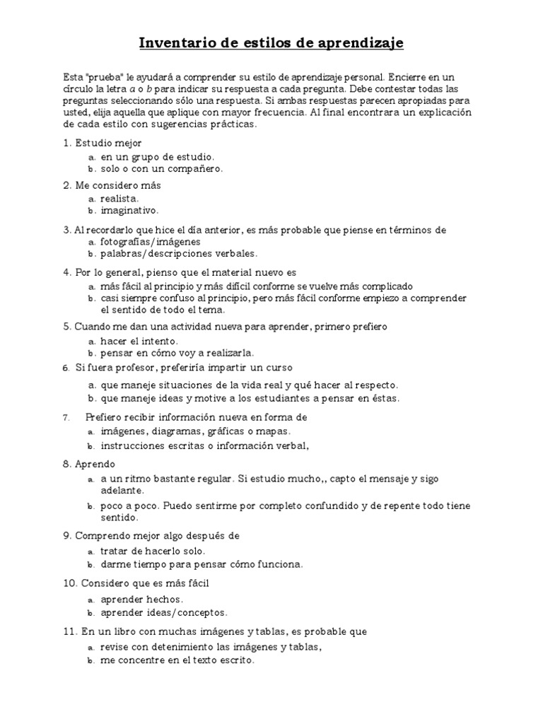 Test de Estilos de Aprendizaje Infantil | PDF | Aprendizaje | Memoria