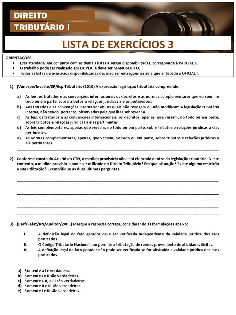 Exercícios de Direito Tributário: Questões e Respostas | PDF | Direito ...