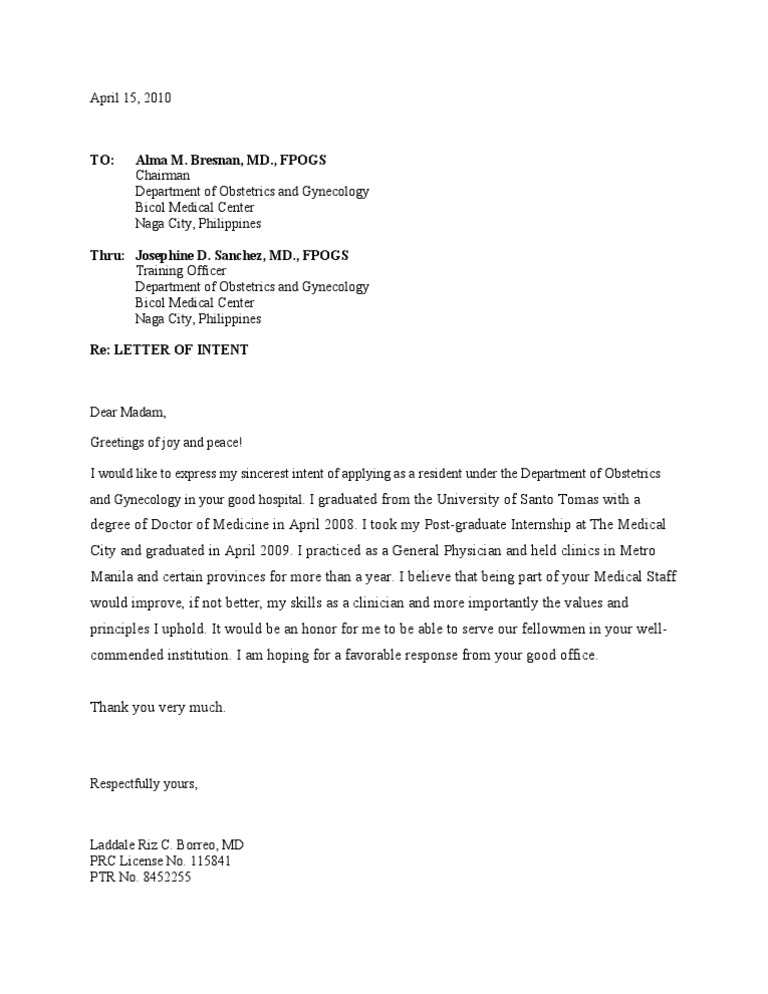 Letter of Intent for OB-GYN Residency | PDF