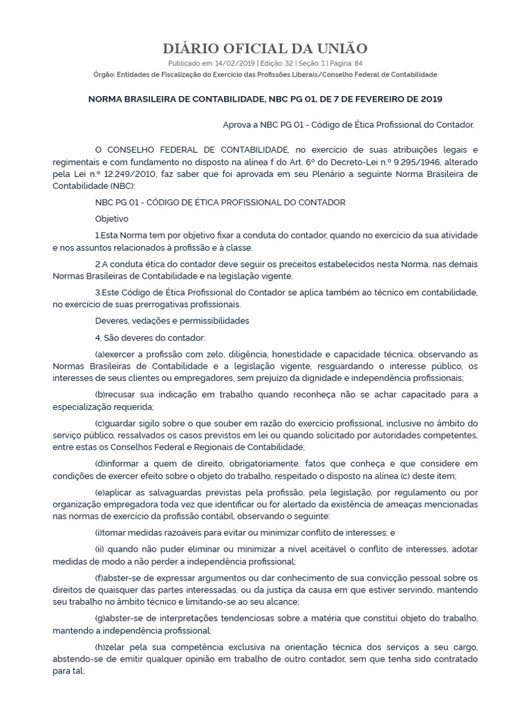 Código de Ética do Contador: NBC PG 01 | PDF | Contabilidade | Business