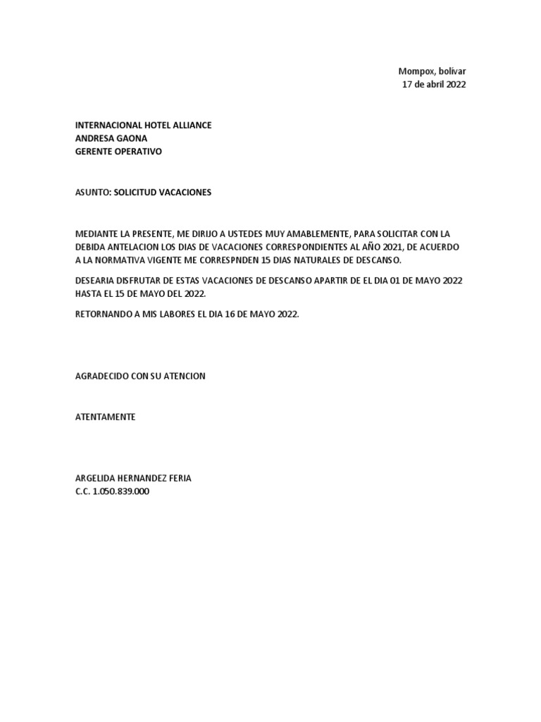 Ejemplos de Cartas de solicitud de vacaciones (en Word)