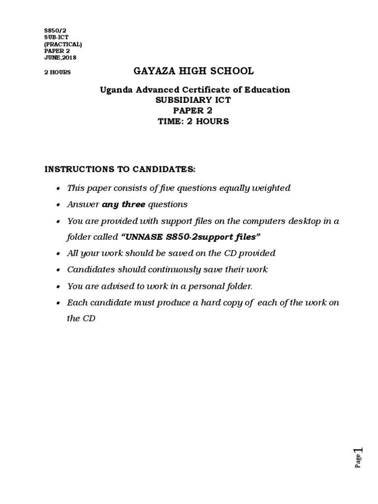 Gayaza High School Uganda Advanced Certificate of Education Subsidiary