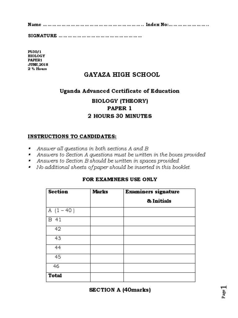 Gayaza High School Uganda Advanced Certificate of Education Biology