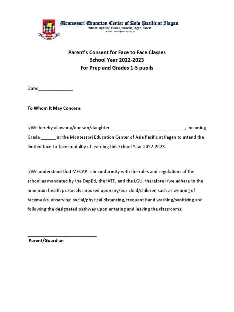 Parent's Consent For Face To Face Classes School Year 2022-2023 For ...