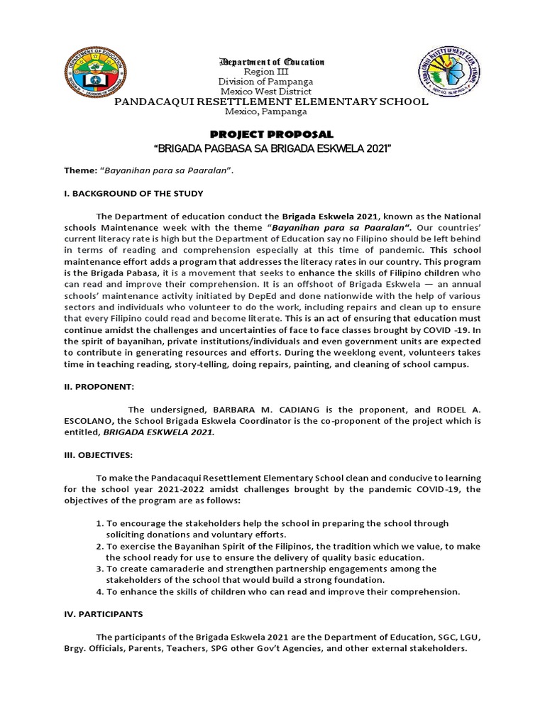Project Proposal "Brigada Pagbasa Sa Brigada Eskwela 2021" Pandacaqui