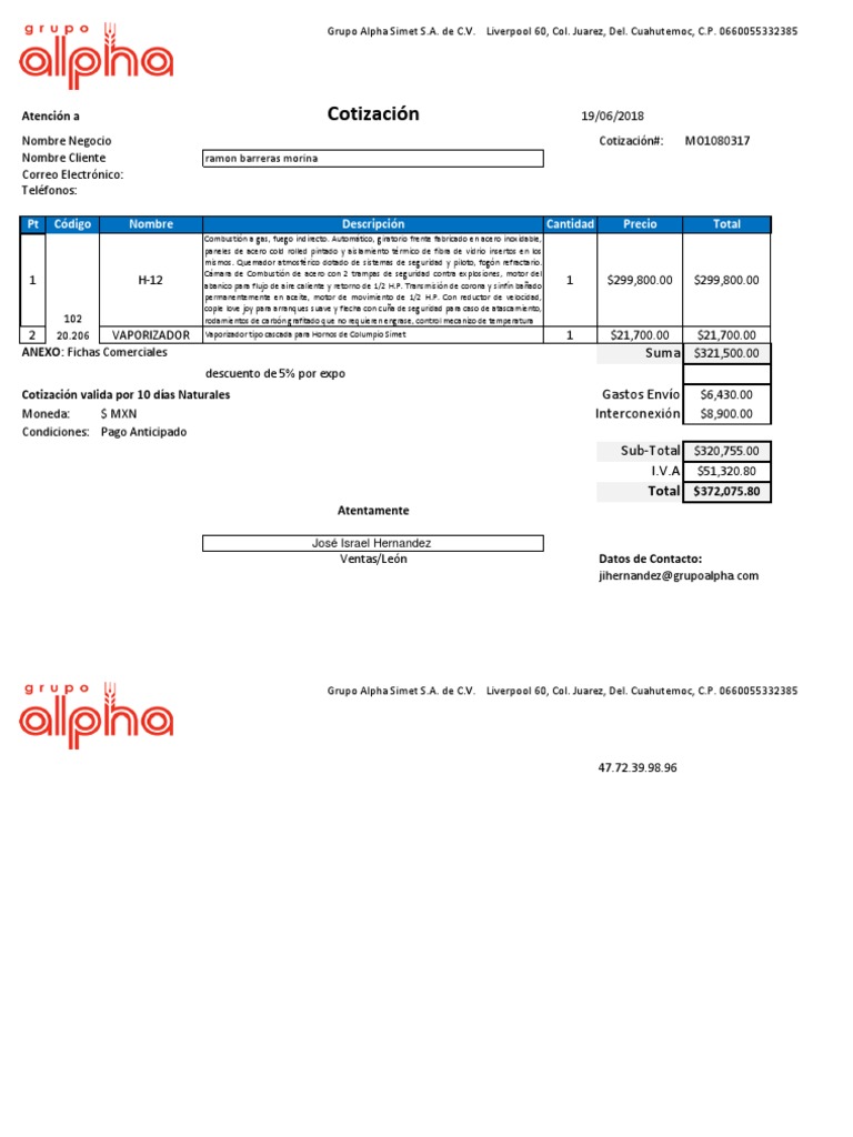 Cotización Horno H-12 Con Vaporisador | PDF | Bienes manufacturados