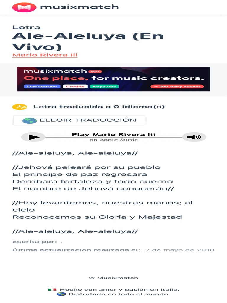 Letra de AleAleluya (En Vivo) de Mario Rivera III Musixmatch PDF