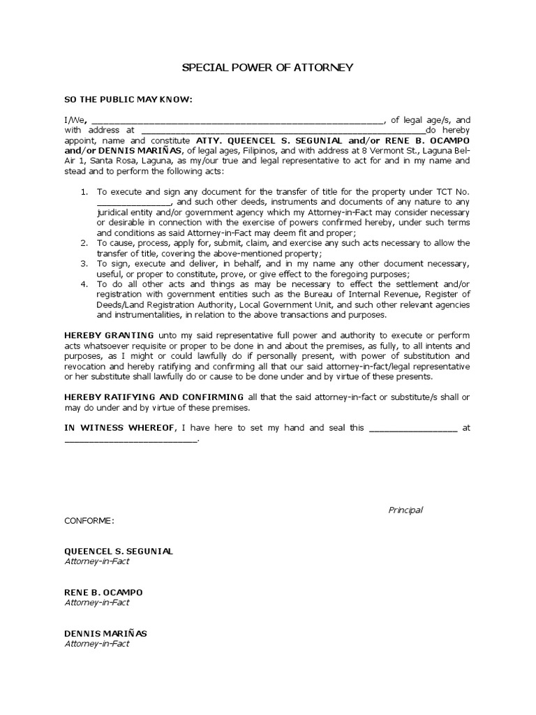 SPA For DOAS - Template | PDF | Power Of Attorney | Justice
