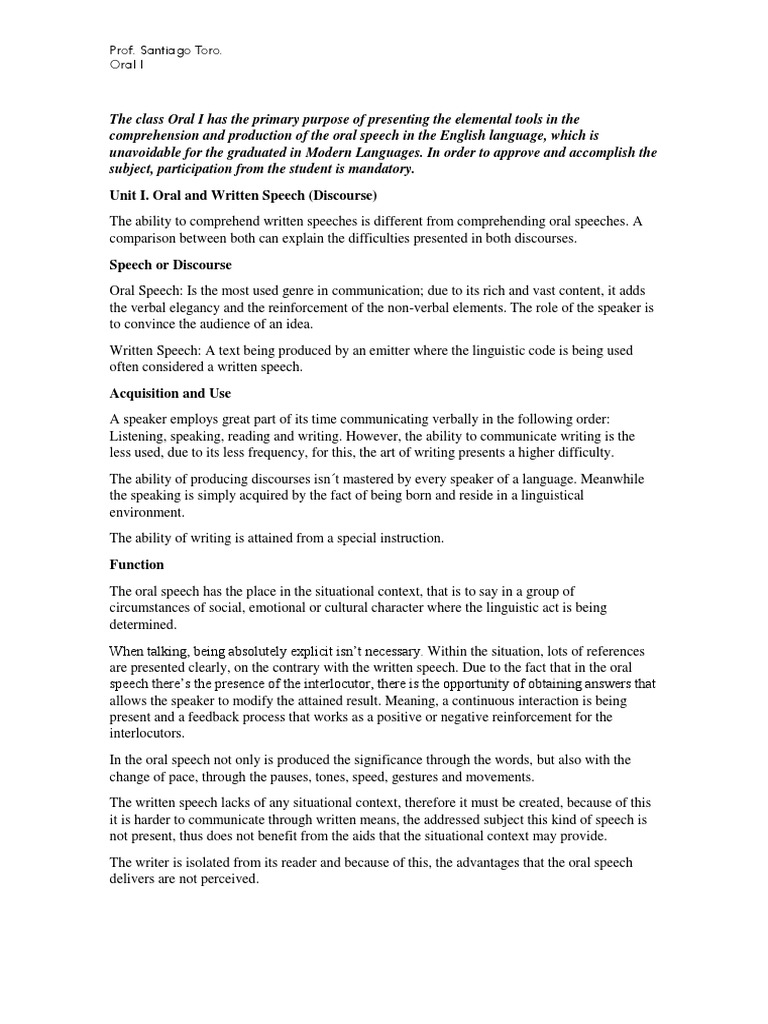 Oral Vs Written Speech Differences Pdf Speech Linguistics