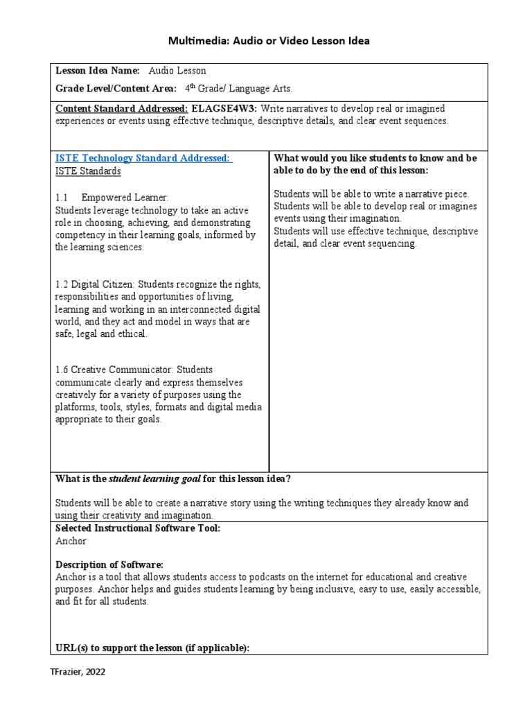 Audio Lesson Plan for Narrative Writing | PDF | Multimedia | Narrative