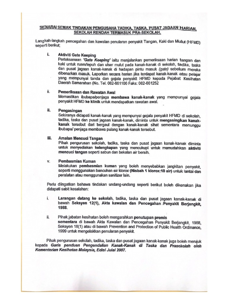 Senarai Semak Tindakan Pengusaha Tadika, Taska, Pusat Jagaan Harian | PDF