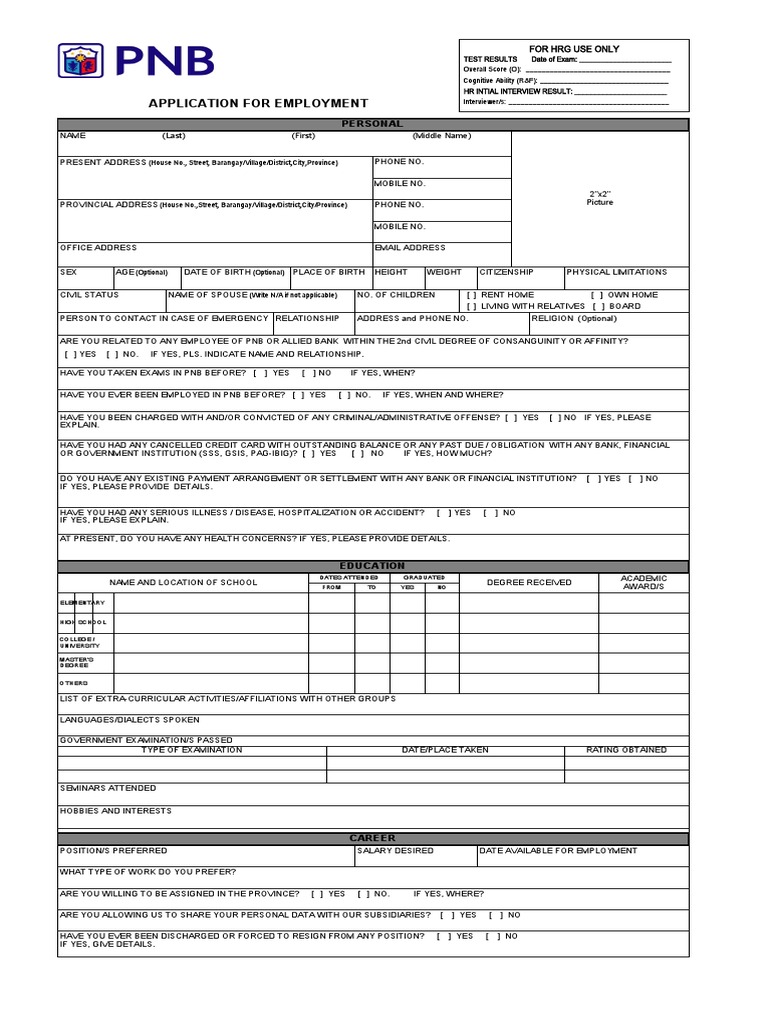 PNB Application Form 11192018 PDF Employment