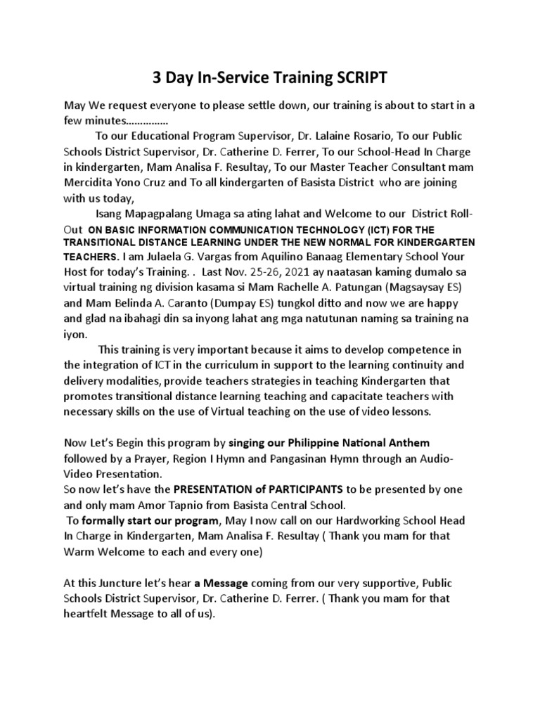 3 Day In-Service Training SCRIPT | PDF