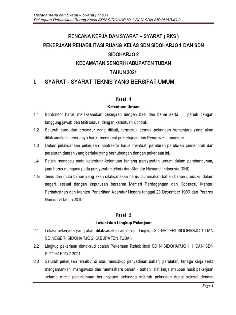 RKS Rehabilitasi Ruang Kelas SDN Sidoharjo | PDF