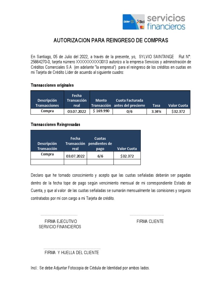 Autorizacion para Reingreso de Compras | PDF | Negocios | Finanzas y dinero