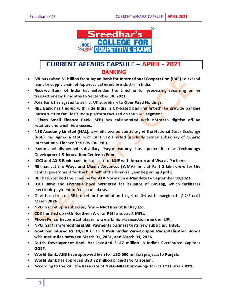 Current Affairs Capsule - April - 2021 | PDF | Reserve Bank Of India ...
