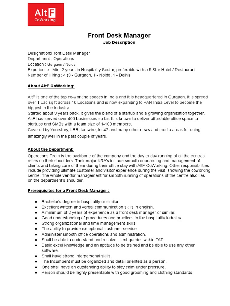 Front Desk Manager Job Description PDF Communication Business
