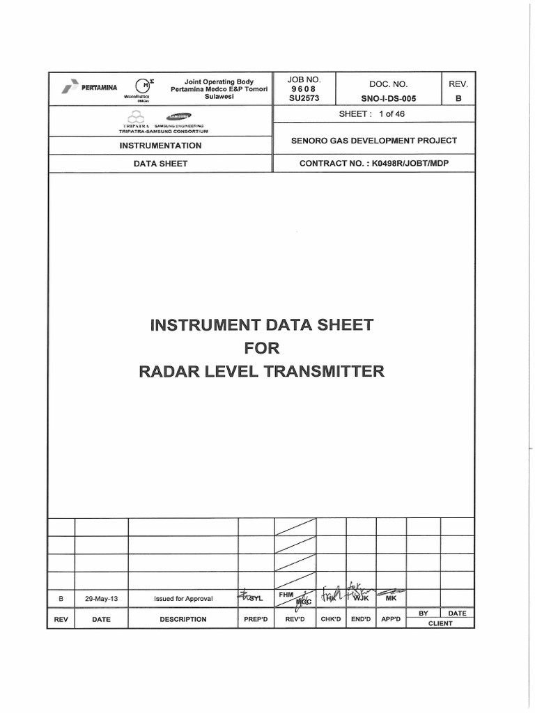 SNO-I-DS-005 - B Instrument Datasheet For Radar Level Transmitter | PDF ...