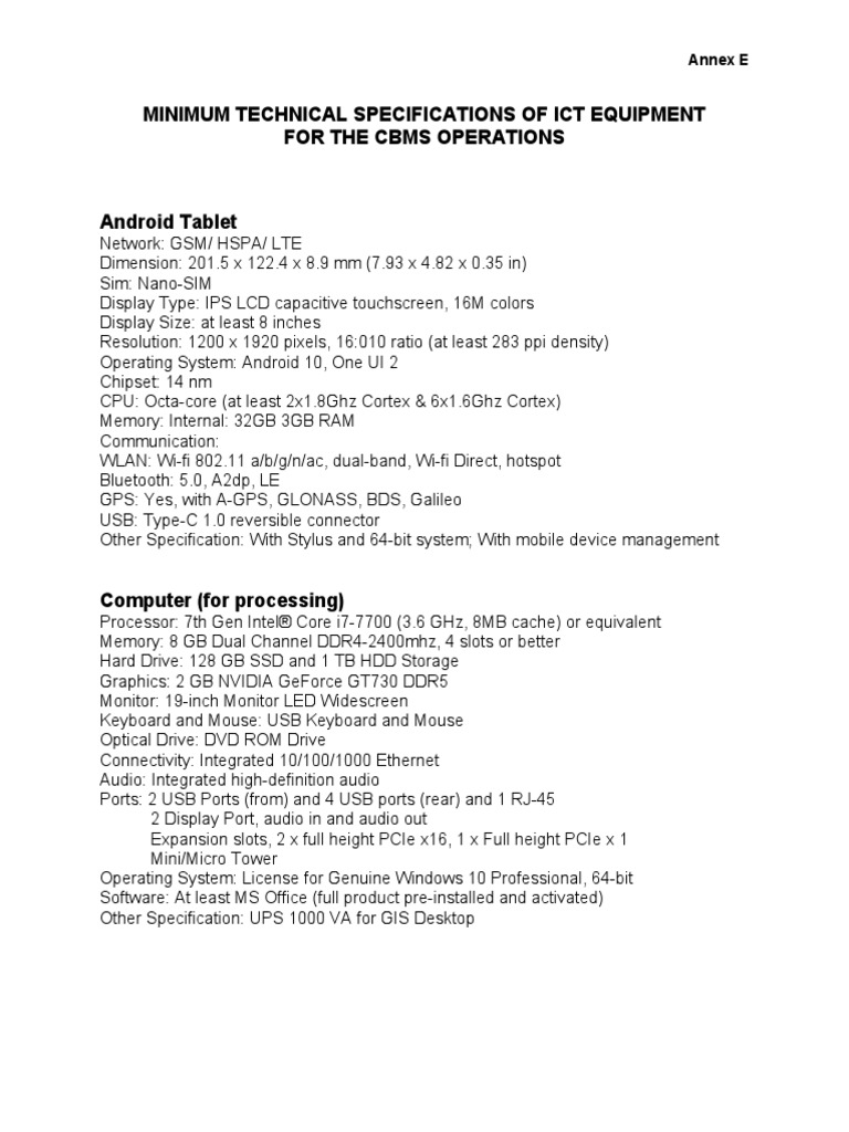 Minimum Technical Specifications of Ict Equipment For The Cbms ...