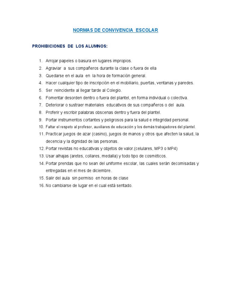Normas de Convivencia Escolar | PDF