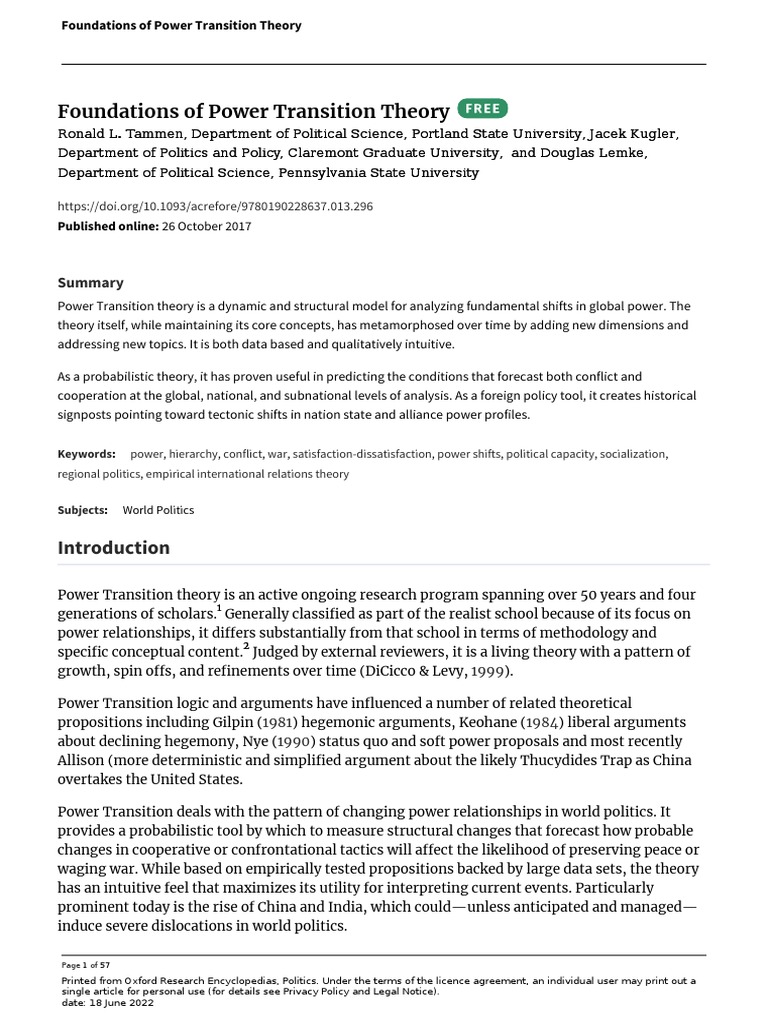 Power Transition Theory Basics | PDF | Hegemony | Economic Growth