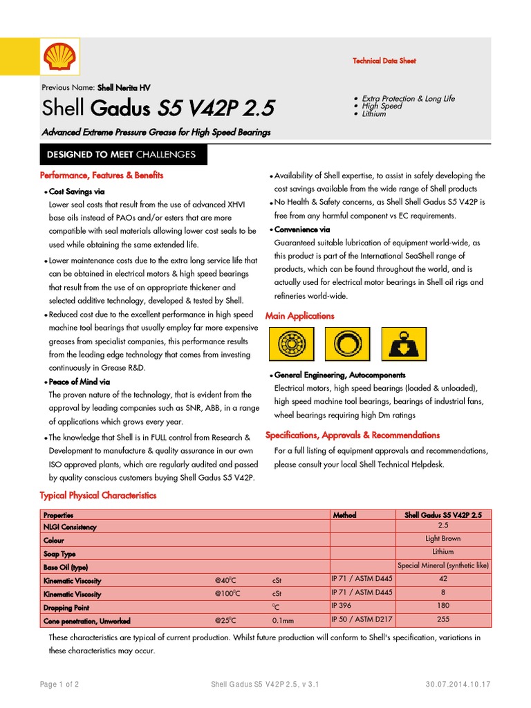 Shell Gadus S5 V42P 2.5 Overview | PDF | Bearing (Mechanical) | Viscosity