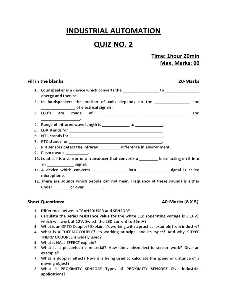 Industrial Automation Quiz No. 2: Fill in The Blanks: 20-Marks | PDF ...